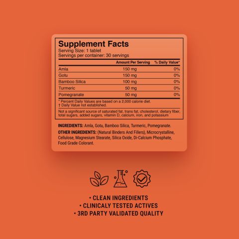 500mg - Amla, Bamboo Silica, Gotu, Pomegranate, Turmeric Tablets - Collagen Support Herbs - Peach Pomegranate - Mood Tablets - Thumbnail 1